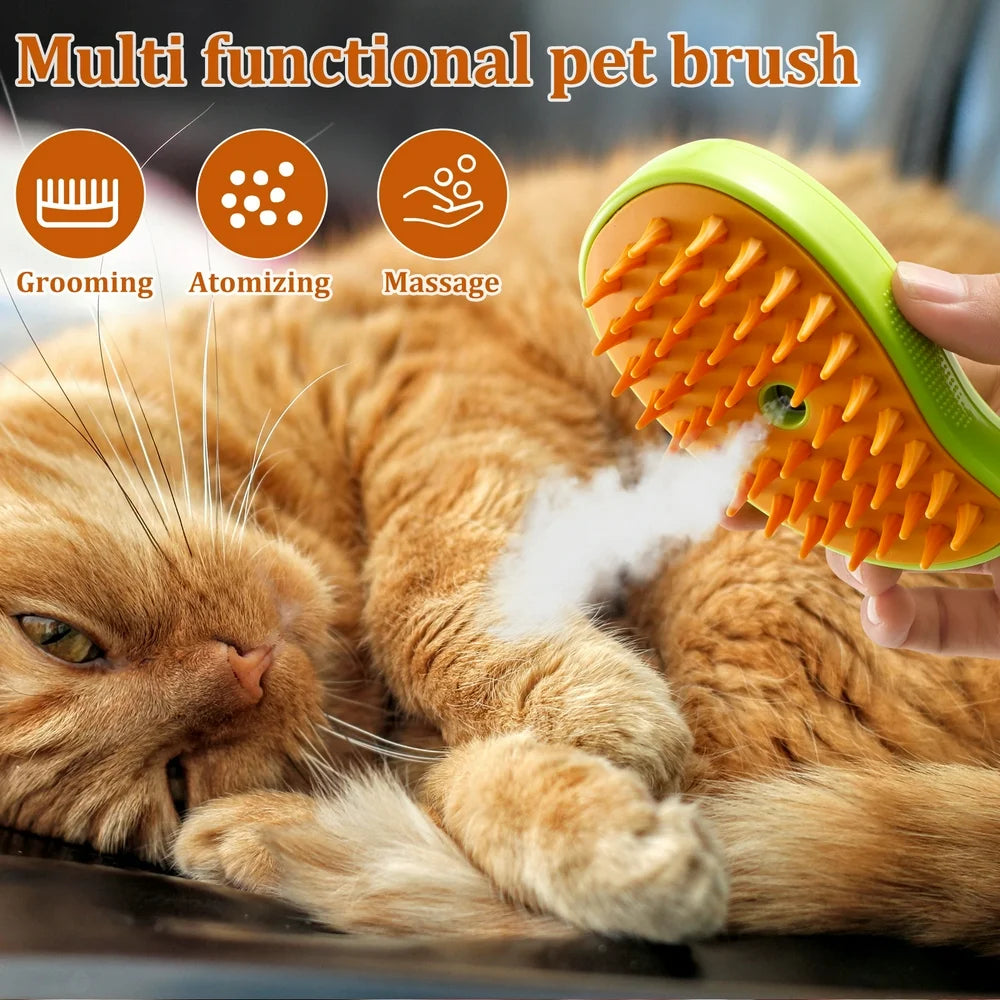 3 in 1 Steamy Cat Brush,Cat Steam Brush for Massage Removing Tangled Loose Hair,Self Cleaning Steam Cat Grooming Brush,Misting Spray Cat Brush for Shedding with Water Tank,Yellow