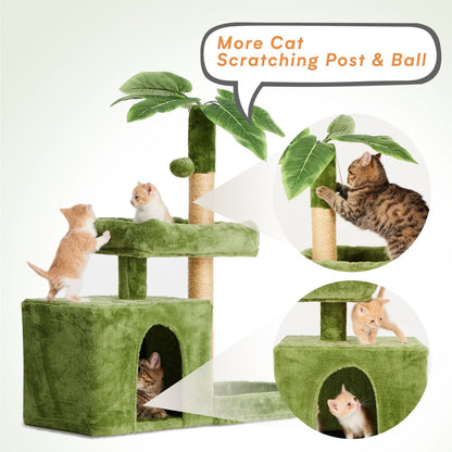 31.5" Cat Tree Cat Tower for Indoor Cats with Green Leaves, Cat Condo Cozy Plush Cat House with Hang Ball and Leaf Shape Design, Cat Furniture Pet House with Cat Scratching Posts,Grey